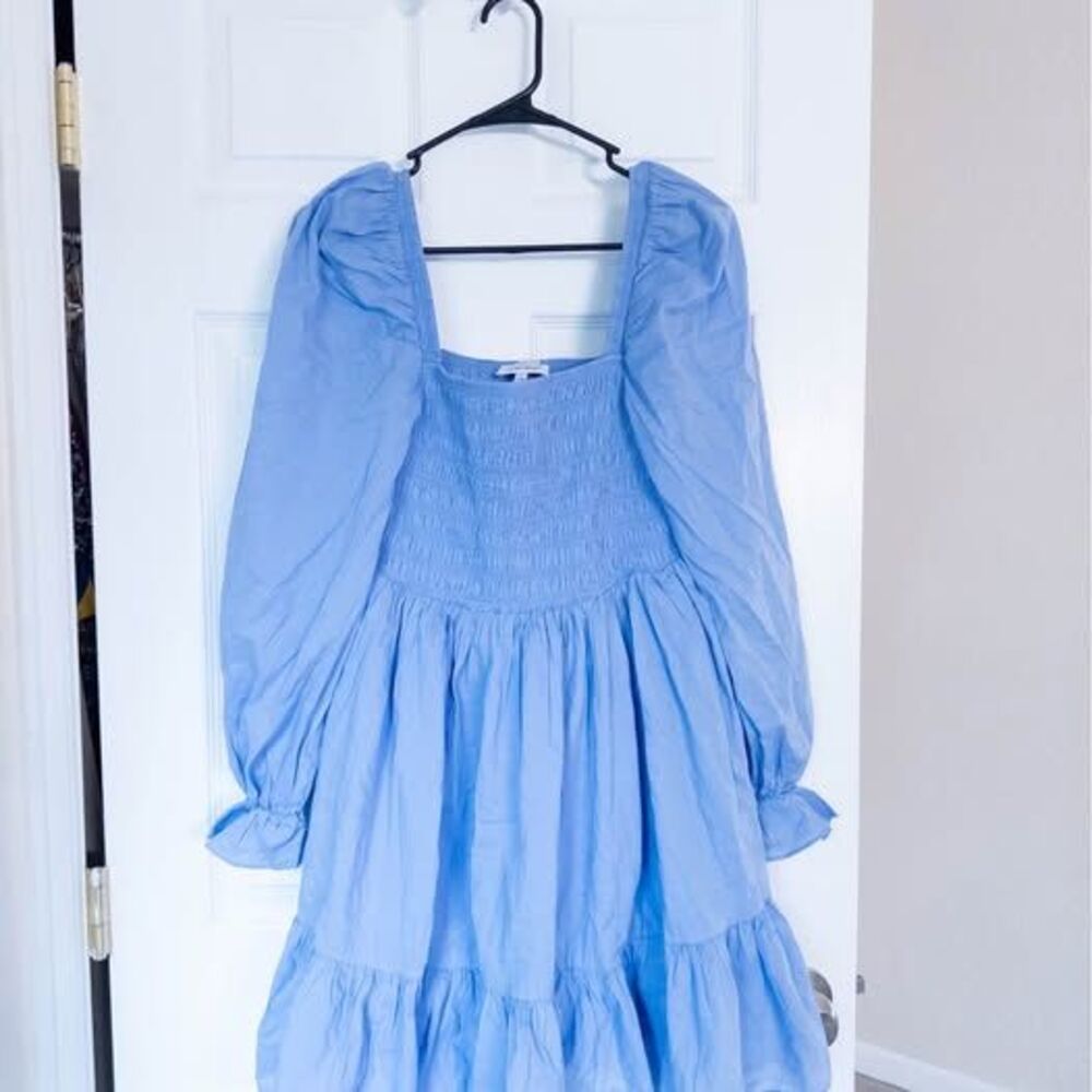 & Other Stories M blue cotton smocked mini dress, ruched skirt, balloon sleeves